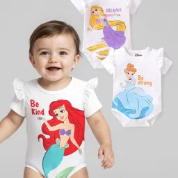 Babyhug Disney Interlock Knit Half Sleeves Onesies with Frill Detailing & Disney Princess Graphics Pack of 3 - White-picture-21