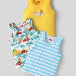 Babyhug 100 % Cotton Knit Sleeveless Sando with Stripes & Beach Theme Print Pack of 3 - Yellow & Light Blue-picture-23