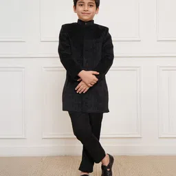 Vastramay Velvet Full Sleeves Sequins Embellished Sherwani & Pant Set - Black-image-2