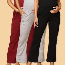The Mom Store Pack Of 3 Cotton Spandex Solid Maternity Track Pants - Maroon Black & Grey-picture-11