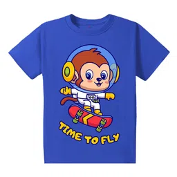 KAVEE Pure Cotton Half Sleeves Baby Monkey & Time To Fly Text Printed Bio Washed Tee - Royal Blue-picture-13