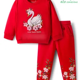 Babyoye 100% Cotton Knit Full Sleeves Winter Wear Sweatshirt & Lounge Pant Set With Swan Queen & Floral Print - Orange-picture-30