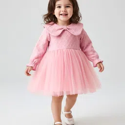 Mark & Mia Full Sleeves Frock with Net Detailing & Peter Pan Collar - Pink-picture-14