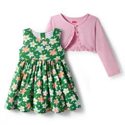 Babyhug Cotton Knit Floral Printed Frock with Full Sleeves Shrug - Pink & Green image 1