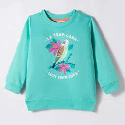 Zero Looper Knit Full Sleeves Sweatshirt with La Tropicana Love From Cuba Parrot Print - Sea Green image 1