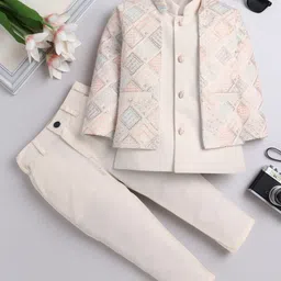 Fourfolds Woven Full Sleeves Solid Sherwani & Pant With Geometric Embroidered Jacket Set - Cream-picture-26