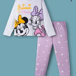 Honeyhap Disney Single Jersey Knit Full Sleeves Night Suit With Minnie & Daisy Graphics - White & Pink-picture-25