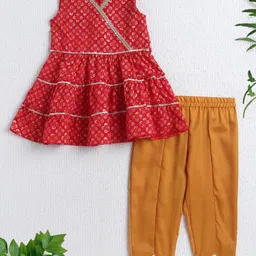 The Magic Wand Woven Sleeveless Floral Foil Printed & Gota Lace Embellished Kurti Pant Set - Red-picture-17