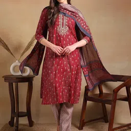 KALINI Floral Embroidered Zari Straight Silk Blend Kurta With Trousers & Dupatta image 1