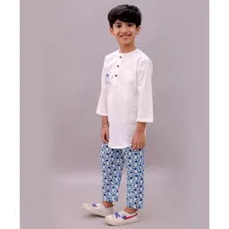 Little Ginnie Cotton Woven Full Sleeves Penguin Embroidered Kurti & Pant Set - Blue image 4