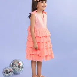 Babyhug Sleeveless Sequinned Tiered Party Frock with Bow Applique - Peach image 4