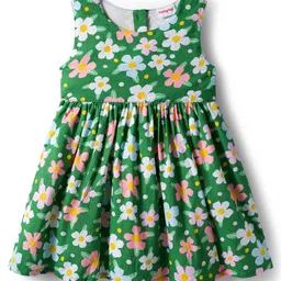 Babyhug Cotton Knit Floral Printed Frock with Full Sleeves Shrug - Pink & Green image 3