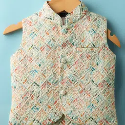 Little Bull Full Sleeves Floral Threadwork Detailed Kurta & Pyjama Set With Jacket - Peach image 4