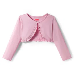 Babyhug Cotton Knit Floral Printed Frock with Full Sleeves Shrug - Pink & Green image 5