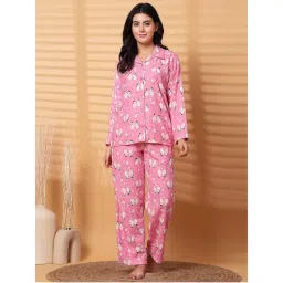Secret Wish Pink Printed Flannel Night Suit (Set of 2)-image-27