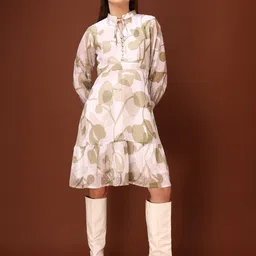PURVAJA Print Tie-Up Neck Bishop Sleeve Georgette Fit & Flare Mini Dress-picture-23
