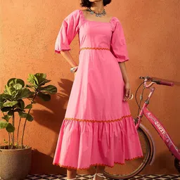 VANGULL Women Square Neck Puff Sleeves Fit and Flare Midi Dress-picture-28