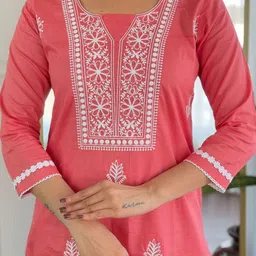 KALINI Floral Embroidered Thread Work Pure Cotton Straight Kurta With Trousers & Dupatta image 4