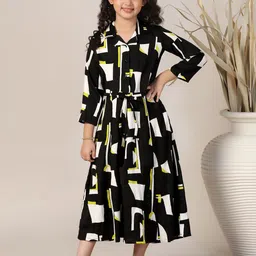 FASHION DREAM Girls Abstract Printed Cotton Shirt Collar Fit & Flare Midi Dress-picture-29
