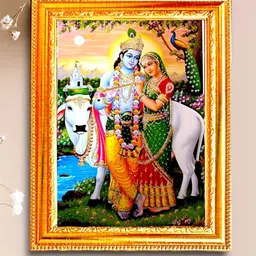 SUNINOW Gold-Toned & White Radha Krishna Wooden Wall Photo Frames image 3