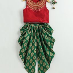 Twisha Embroidered Sleeveless Top With Printed Dhoti - Red-picture-27