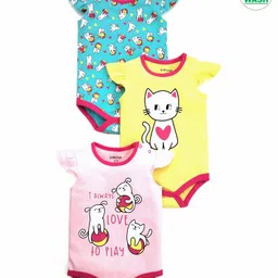 Babyoye Cap Sleeves Cotton Printed Onesies Pack of 3 - Baby Pink Yellow Blue-image-0