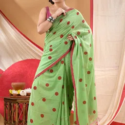 DESH BIDESH Polka Dots Printed Handloom Mulmul Cotton Saree-picture-53
