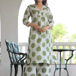 QBO FASHION Polka Dots Printed V Neck A Line Kurta with Trousers-picture-13