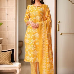 Banwaree Printed Notch Neck Sequinned Pure Cotton Straight Kurta With Trousers & Dupatta-picture-21