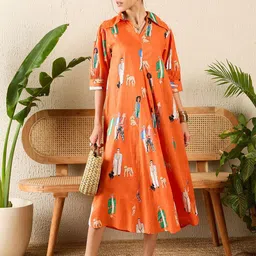 Uptownie Front Pleated Cotton Midi Dress-image-73