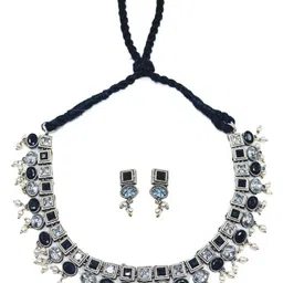 NAMAN ARTS Silver-Plated Stone Studded & Beaded Oxidised Jewellery Set image 4