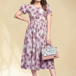 GROMint Floral Print Puff Sleeve Georgette Fit & Flare Midi Dress-picture-40