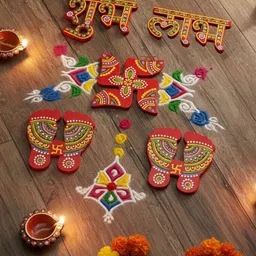 Tiny Shiny Red & Yellow 5 Pieces Typography Printed Shubh Labh Wooden Rangoli Stickers image 5