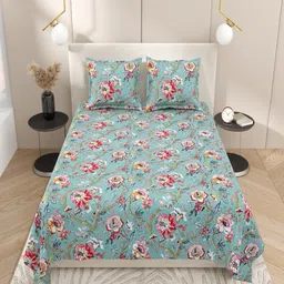 INDRA'S Turquoise Blue & Red Floral 144 TC King Bedsheet with 2 Pillow Covers-picture-41