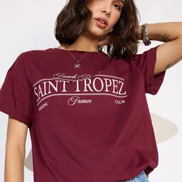 Mast & Harbour Women Typography Printed Round Neck Cotton Oversized T-shirt-picture-17