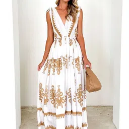 Outzidr Women Printed Plunge Neck Pleated Detail Fit and Flare Maxi Dress-picture-17
