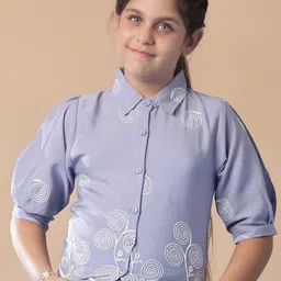 V-Mart Girls Floral Embroidered Puff Sleeves Shirt Style Top image 3
