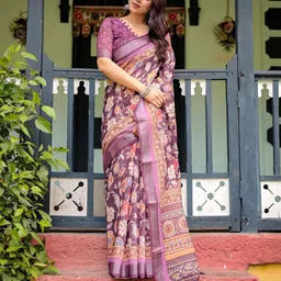 all about you Floral Printed Zari Pure Linen Saree image 2