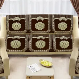 SAWNA HOMES Brown & Cream 6 Pieces Floral Printed 5 Seater Velvet Sofa Covers-image-27
