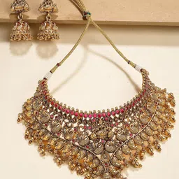 KARATCART Gold-Plated Stones Studded & Beaded Laxmi & Peacock Choker Temple Jewellery Set-picture-27