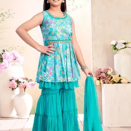 BAESD Girls Printed Regular Kurta with Sharara & Dupatta image 5
