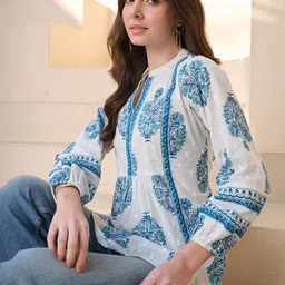 Stylum Print Mandarin Collar Puff Sleeve Ethnic Cotton Top image 4