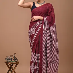 Crafts Moda Adults-Women Striped Pure Cotton Handloom Block Print Regular Saree-picture-20
