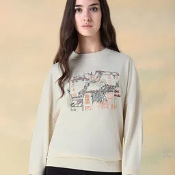 Flying Machine Women Printed Round Neck Long Sleeves Drop Shoulder Sweatshirt image 1