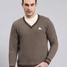 monte carlo Men Solid V Neck Brown Sweater-picture-13