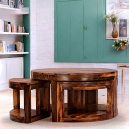 Ikiriya Brown Textured Wooden Round Provisional Teak Finish Coffee Table Set-picture-12