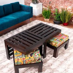 Ikiriya Brown Sheesham Wooden Rectangle Coffee Table and Stool With Cushion-picture-39