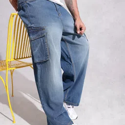 WROGN Men Baggy Cargo Fit Light Fade Pure Cotton Jeans-picture-9