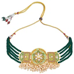 Sukkhi Gold-Plated Green & White Kundan-Studded Beaded Meenakari Sustainable Jewellery Set image 3