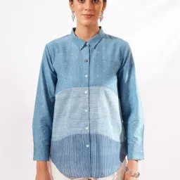 Jaypore Women Indigo Blue Dabu Print Straight Fit Shirt-image-25